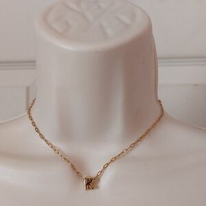Dainty Letter R Initial Pendant High Gloss Gold Tone Paper Clip Chain Necklace